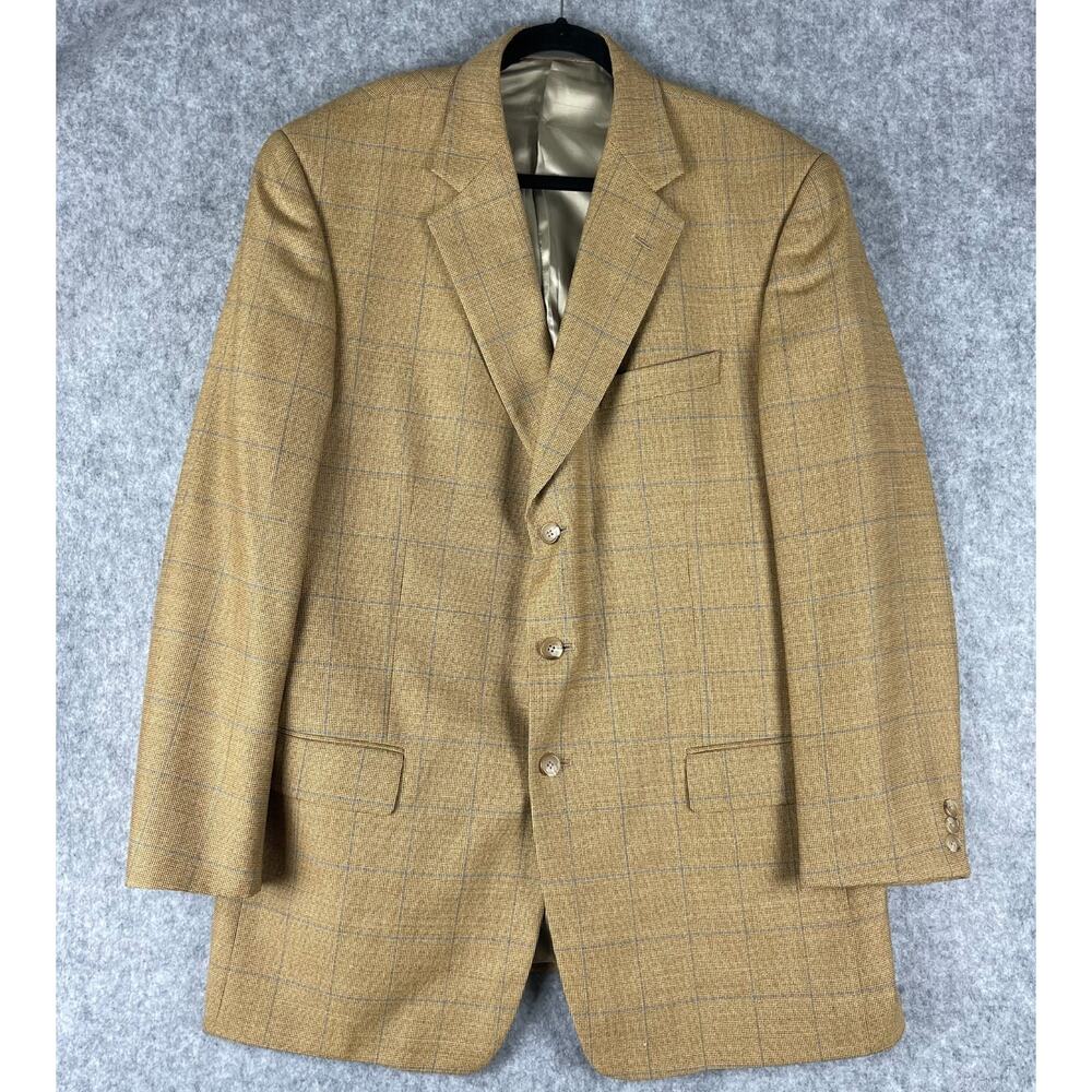 Vintage Oliver Wool Blazer Sport‎ Coat Jacket Men 44L Tan Windowpane 3 Button